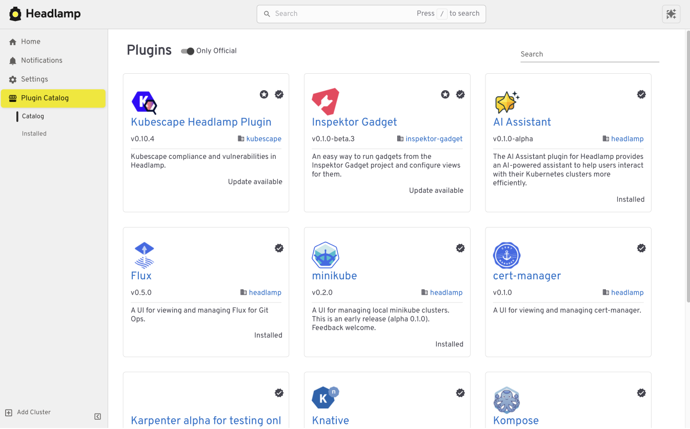 Adding plugins from the plugin catalog in the Headlamp interface