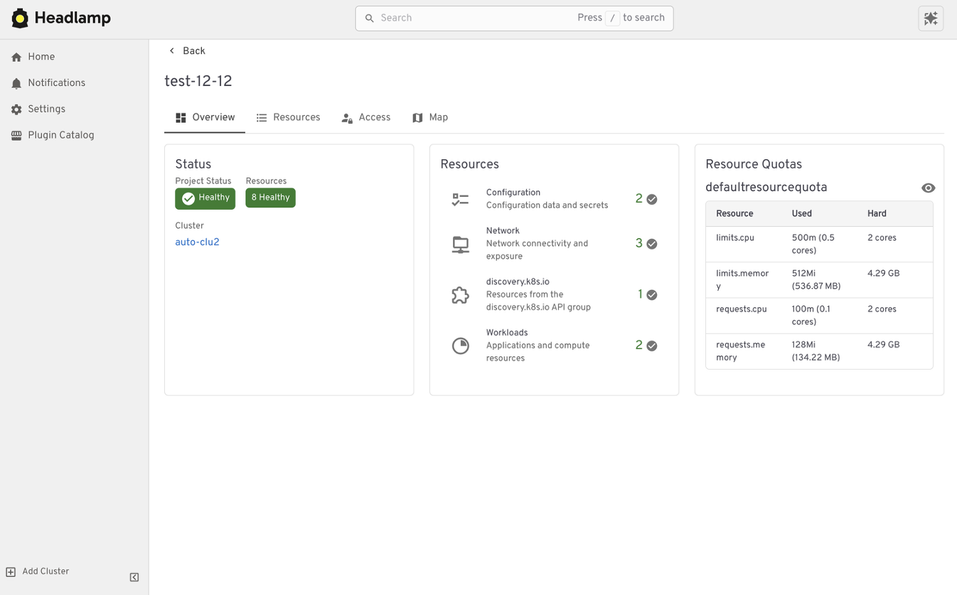 Application Projects view in Headlamp grouping related Kubernetes resources